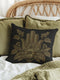 A black woven throw pillow featuring an embroidered gold Hamsa hand surrounded by intricate floral and botanical designs.